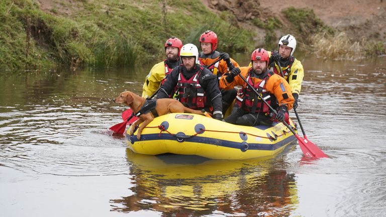 Members of a search and rescue team during a search operation at Abberwick Ford on the River Aln near Alnwick, Northumberland, for former England rugby player Tom Voyce, who is believed to have died after apparently trying to cross a flood-swollen river in his car during Storm Darragh. Picture date: Wednesday December 11, 2024.
