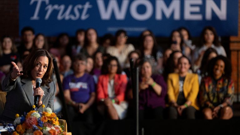 6.	U.S. Vice President Kamala Harris discusses reproductive rights on the second anniversary of Roe v. Wade being overturned, in Phoenix, Arizona, U.S. June 24, 2024.  REUTERS/Rebecca Noble