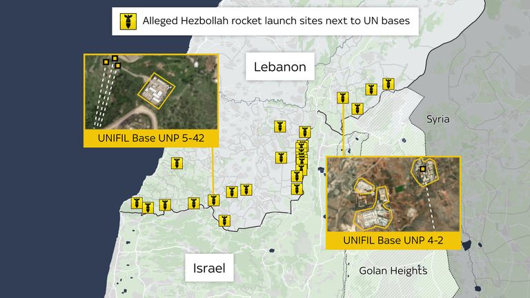 Alleged locations of Hezbollah rocket launch sites near UNIFIL bases, according to the IDF