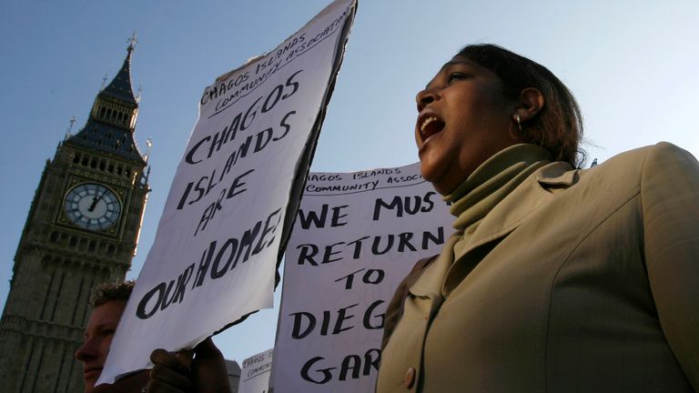 A demonstrator demanding her return to the Chagos Islands in the Diego Garcia archipelago shouts during a protest outside the Houses of Parliament in London October 22, 2008. Britain's highest court ruled in favour of the British government on Wednesday, blocking the return of hundreds of Chagos Island people to their homes in the south Indian Ocean after nearly 40 years of exile. The decision by the House of Lords ends a years-long battle to secure the Chagos Islanders the right to return to th