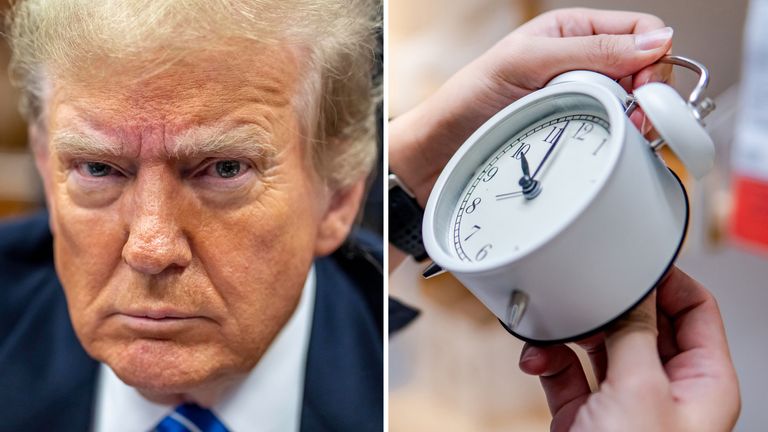 Former President Donald Trump sits in Manhattan Criminal Court in New York on Monday, May 13, 2024. (Mark Peterson/New York Magazine via AP, Pool). (RIght) clock pic iStock 