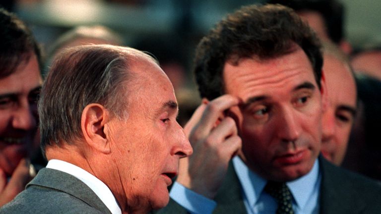 Education minister Francois Bayrou with former French President Francois Mitterand in 1994. Pic: Reuters