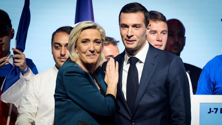 Marine Le Pen and Jordan Bardella campaigning for the National Rally. Pic: AP