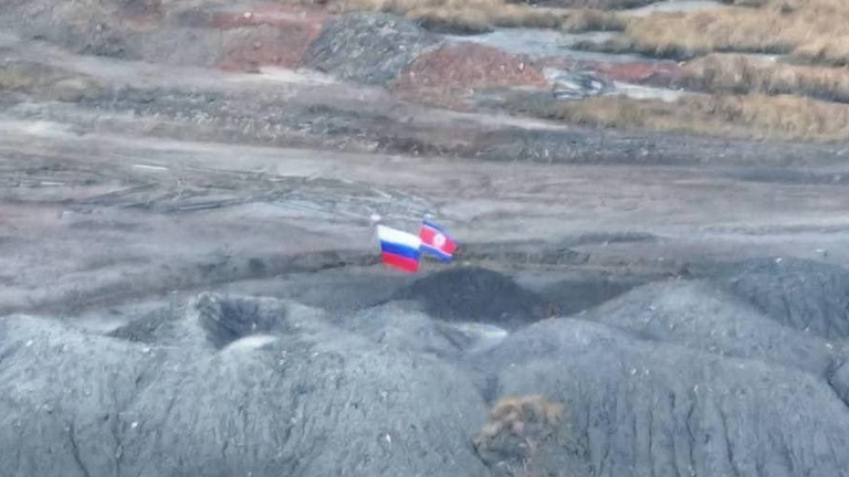 A North Korean flag flying in Russian-held territory close to the Ukrainian frontline.