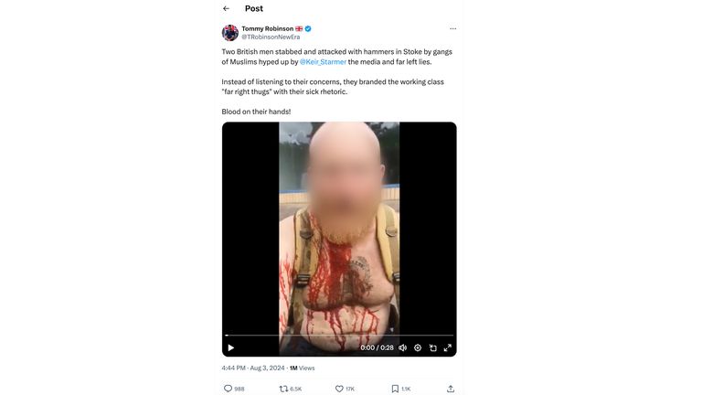 Tommy Robinson tweeted a video taken from the riots in Hanley, Stoke on Saturday falsely claiming that two “British men” had been “stabbed by Muslims”. 