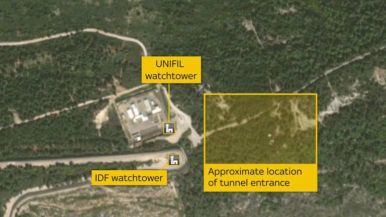 Satellite image showing the location of a tunnel entrance shown to  journalists in southern Lebanon on 13 October, 2024