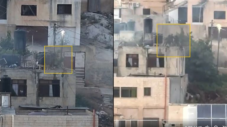 This screenshot shows the Israeli soldiers before they throw the second body off the building seen in the AP footage (left) and in footage posted online (right). Pic: AP